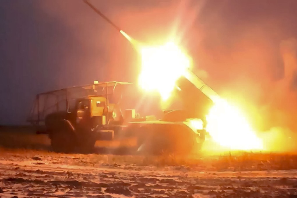 A Russian self-propelled multiple rocket launcher fires projectiles towards Ukrainian positions in the Kursk region of Russia last month in this still from a video. Photo: Russian Defence Ministry Press Service/AP