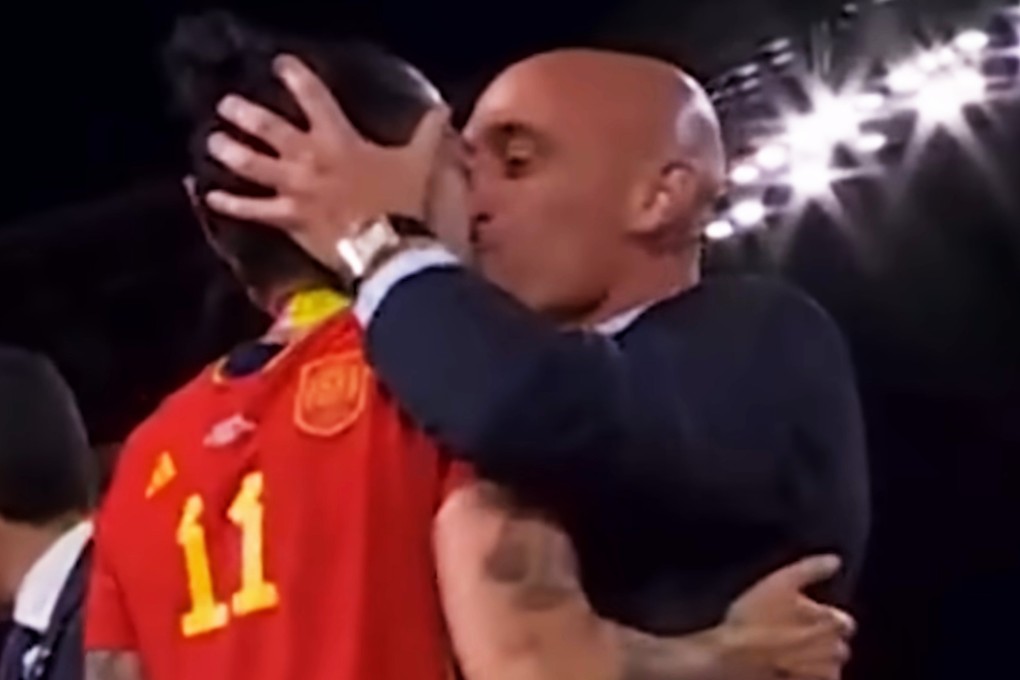 Luis Rubiales, the president of the Spanish football federation, kisses forward Jenni Hermoso on the lips following Spain’s 1-0 victory over England in the Women’s World Cup final in Sydney, Australia on August 20, 2023. Photo: Handout