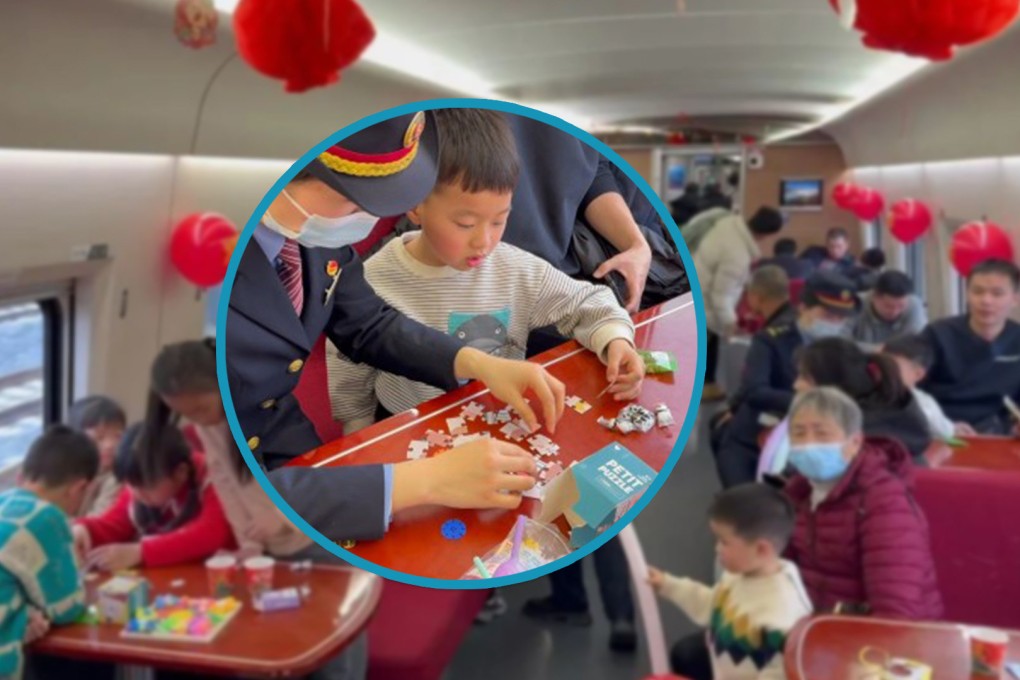 China’s high-speed train introduced a dedicated carriage featuring cartoon books and toys to soothe restless children. Photo: SCMP composite/Xinhua