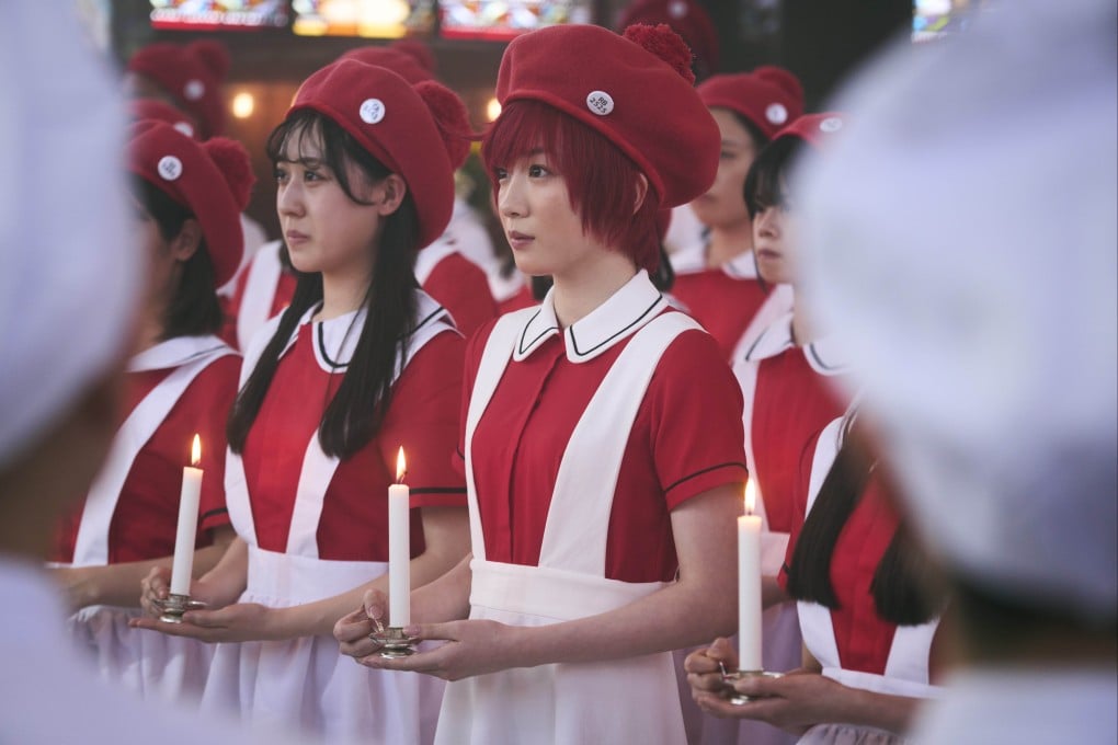 Mei Nagano (centre) as Red Blood Cell AE3803 in a still from Cells at Work! (category IIA; Japanese). Hideki Takeuchi’s manga adaptation co-stars Takeru Satoh.