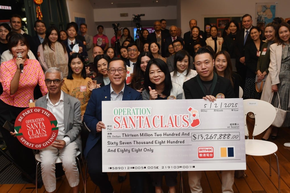 Kevin Huang (front row, second from left), the Post’s chief operating officer, and RTHK acting assistant director for radio Angel Cheng (front, second from right) with donors, beneficiaries and schools. Photo: SCMP