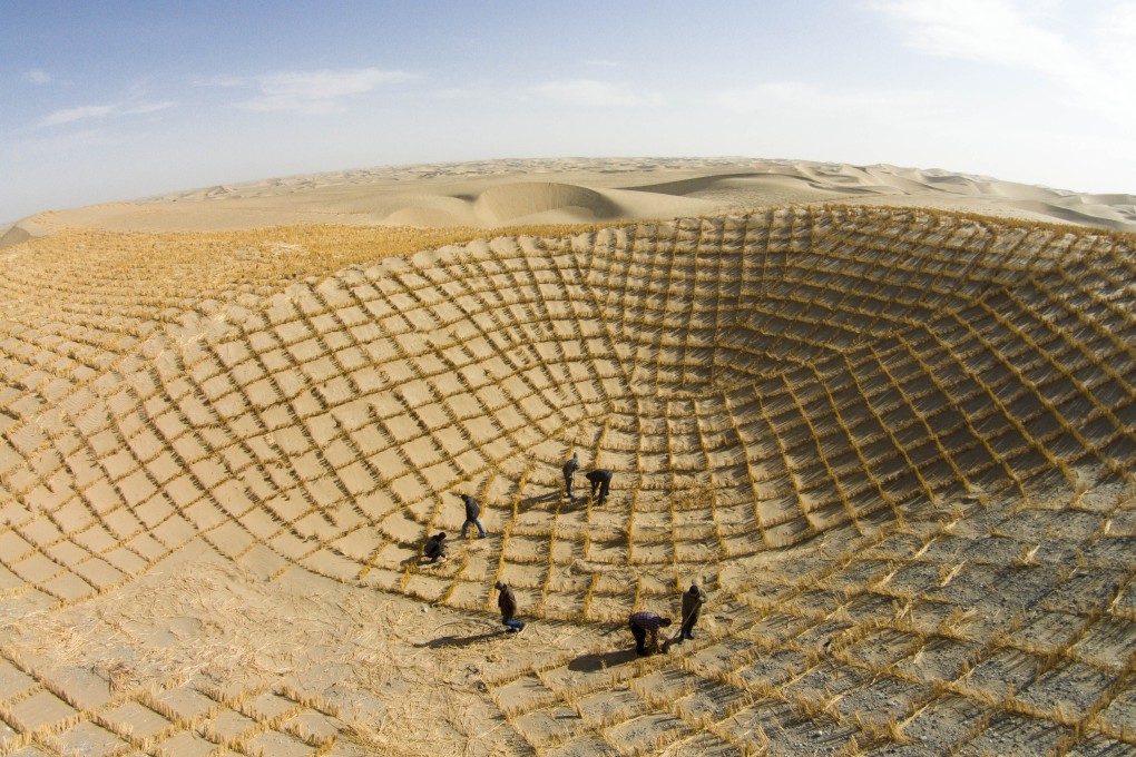 People fix straw checkerboards on sandy land in Qiemo county in 2014, in a decades-long campaign to encircle the Taklimakan Desert with a green belt. Photo: Xinhua.