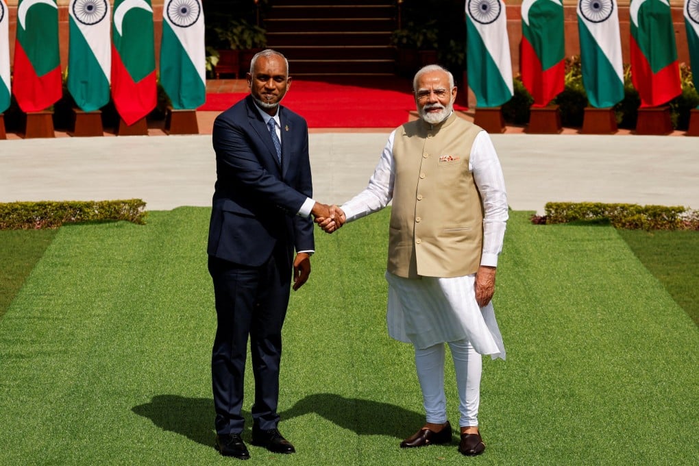The Maldives’ President Mohamed Muizzu shakes hands with Indian Prime Minister Narendra Modi at Hyderabad House, New Delhi, India, in October 2024. Photo: Reuters