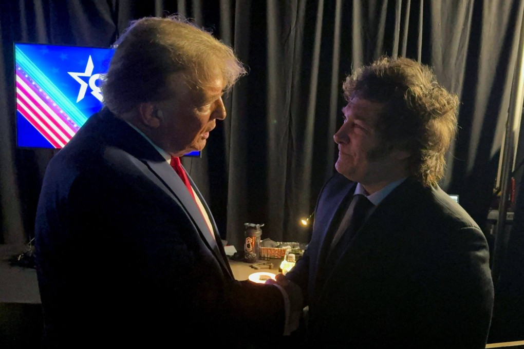 Argentina’s Presidency shows President Javier Milei (right) and Trump at the annual Conservative Political Action Conference (CPAC) meeting on February 24, 2024, in Maryland. Milei is an avowed fan of Trump. Photo: AFP/Argentina’s Presidency