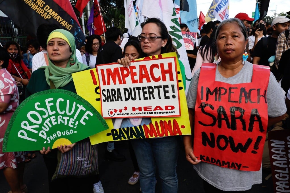 Protesters calling for the impeachment of Vice-President Sara Duterte stage a rally outside the Congress House of Representatives in Manila on February 5. Photo: EPA-EFE