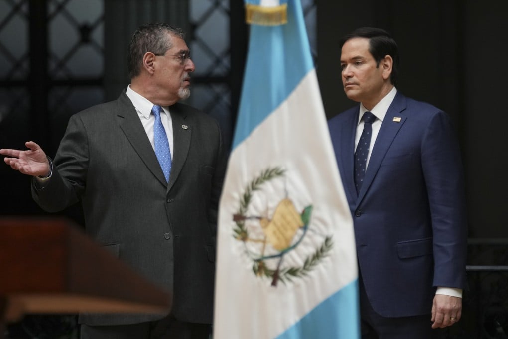 Guatemalan President Bernardo Arevalo (left) and US Secretary of State Marco Rubio arrive to give a joint news conference at the National Palace in Guatemala City on Wednesday. Photo: AP