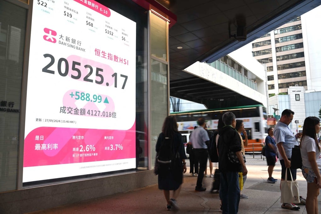 Pedestrians walk past a sign showing the performance of the Hang Seng Index in Hong Kong on September 27, 2024. Photo: AFP