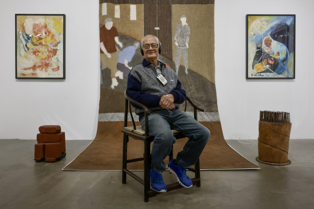 Hong Kong artist Chu Hing-wah takes a seat in front of his mixed-media installation Happy Birthday, Kau Chai! (1987-2003, centre), at his retrospective exhibition, “Happy 90th Birthday Uncle Chu!”, at Hanart TZ Gallery in Kwai Chung, Hong Kong. Photo: Jonathan Wong