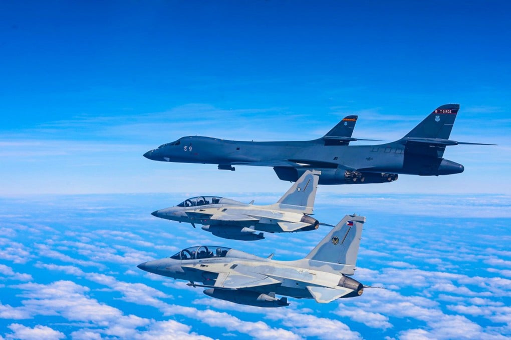 Philippine Air Force FA-50 fighter jets fly with US Air Force B-1 bomber aircraft during a joint patrol and training exercise over the South China Sea on February 4. Photo: Philippine Air Force