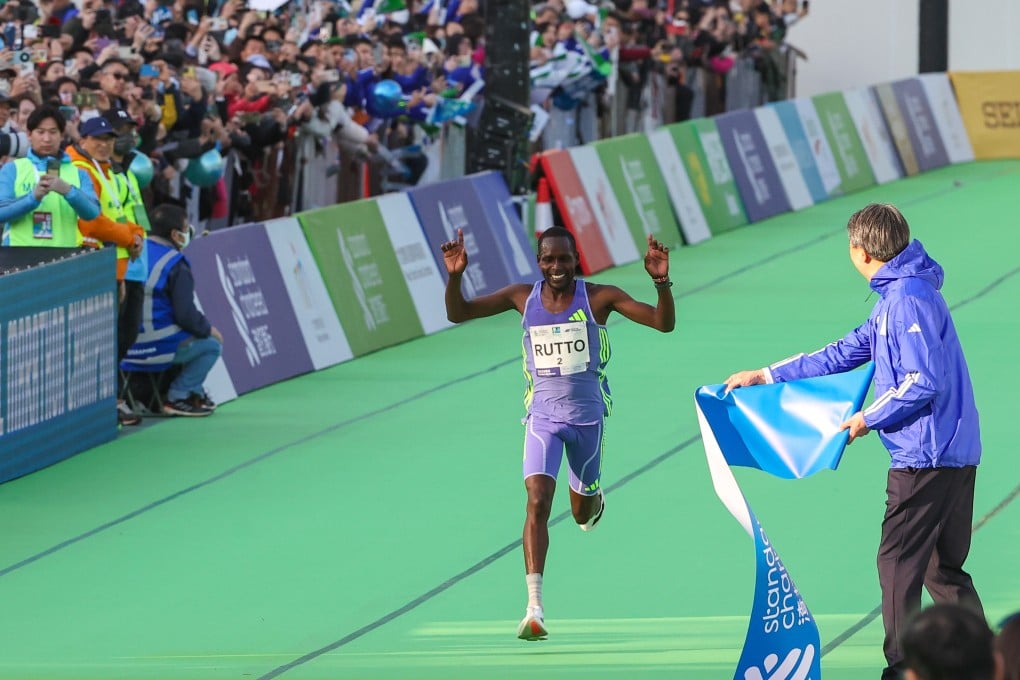 Kenya’s Bethwell Kipkemboi crosses the finish line at Victoria Park to win the Hong Kong Marathon. Photo: Edmond So
