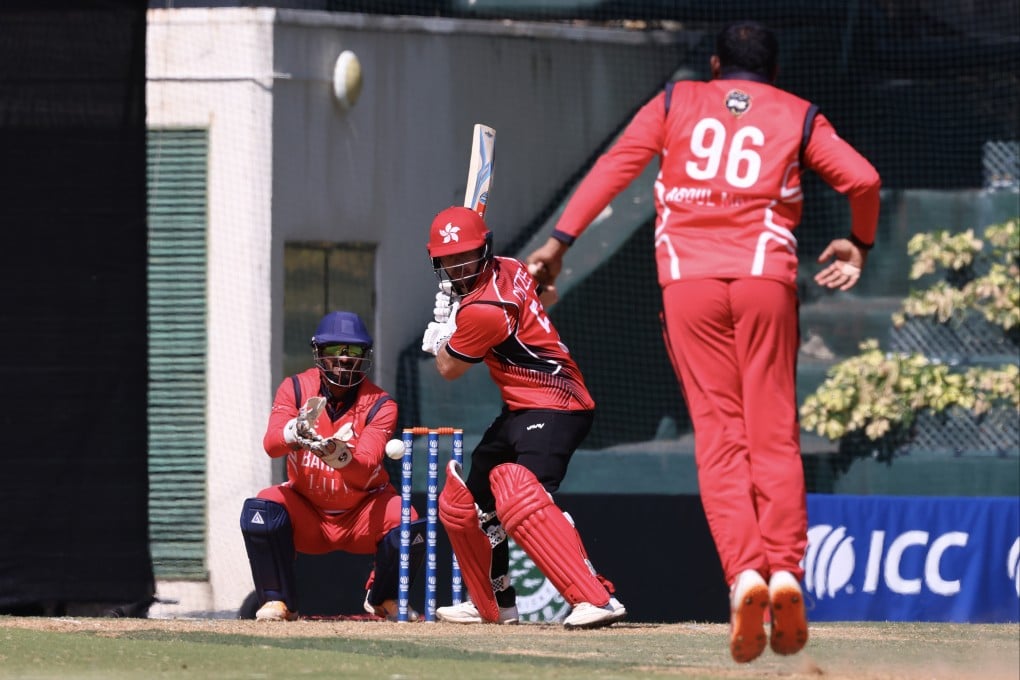 Hong Kong’s Martin Coetzee (middle) finally hit form against Bahrain in their Cricket World Cup Challenge League B match at Kowloon Cricket Club. Photo: Dickson Lee