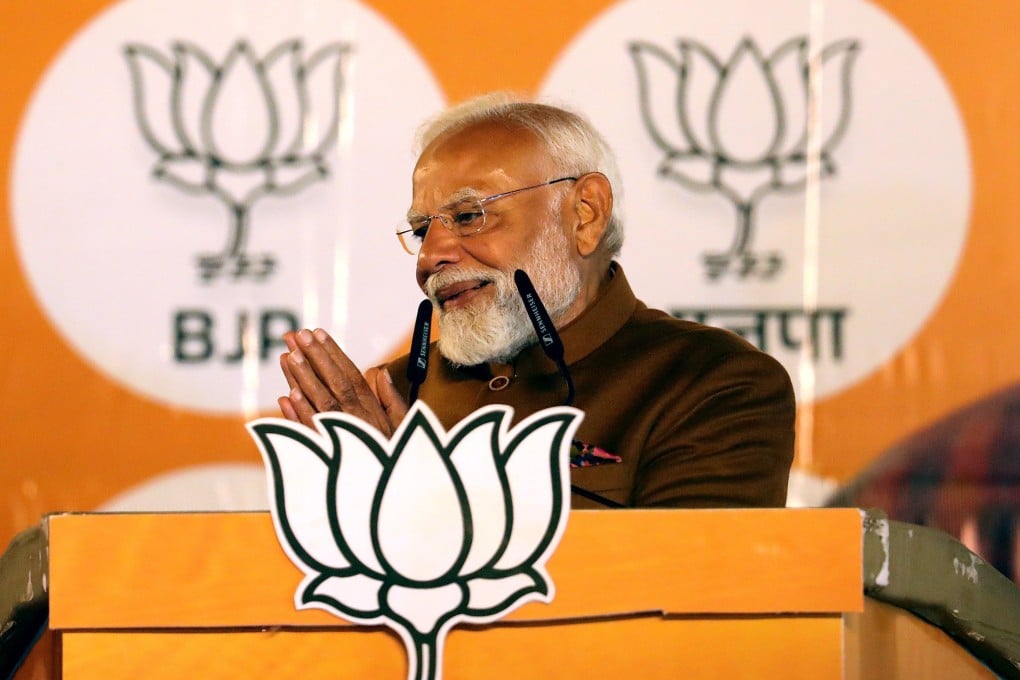 Indian Prime Minister Narendra Modi, leader of the BJP, delivers a victory speech at the party headquarters in New Delhi on Saturday. Photo: EPA-EFE