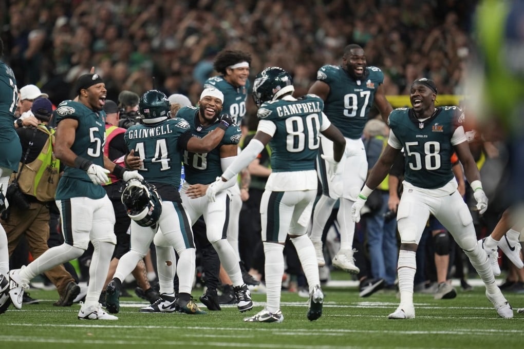 The Philadelphia Eagles celebrate after beating the Kansas City Chiefs to win their second Super Bowl title. Photo: AP