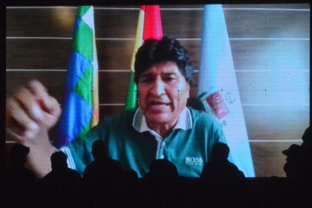 Bolivia’s former president Evo Morales addressing supporters via video conference last month. Photo: AFP