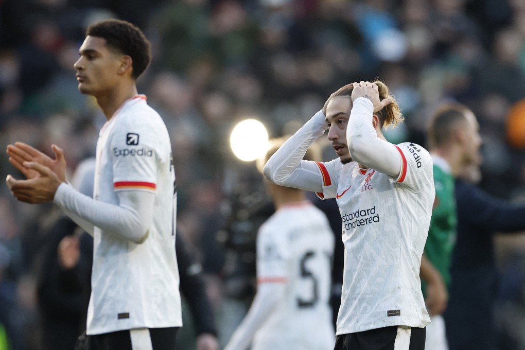 Liverpool’s Kostas Tsimikas (right) looks dejected after his side’s stunning defeat to Plymouth in the FA Cup. Photo: Reuters