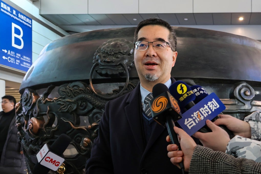 Hsiao Hsu-tsen, executive director of the Ma Ying-jeou Foundation, speaks to reporters after the Taiwanese group arrived in Beijing on Monday. Photo: CNA