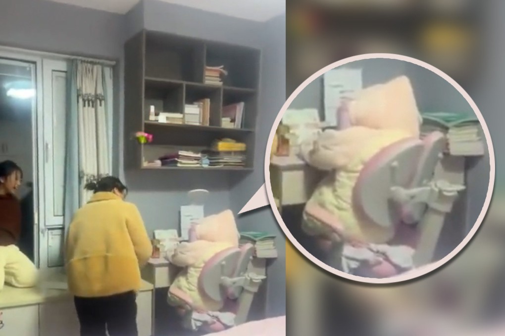 A smart daughter in China tried to make her mother think she was studying by making a dummy out of clothes and sitting it at her desk. Photo: SCMP composite/Douyin