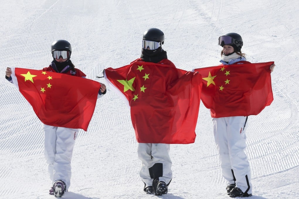 Winner Liu Mengting (centre) with Han Linshan (left) and Yang Ruyi after China took all three medals in the women’s freeski slopestyle. Photo: Xinhua