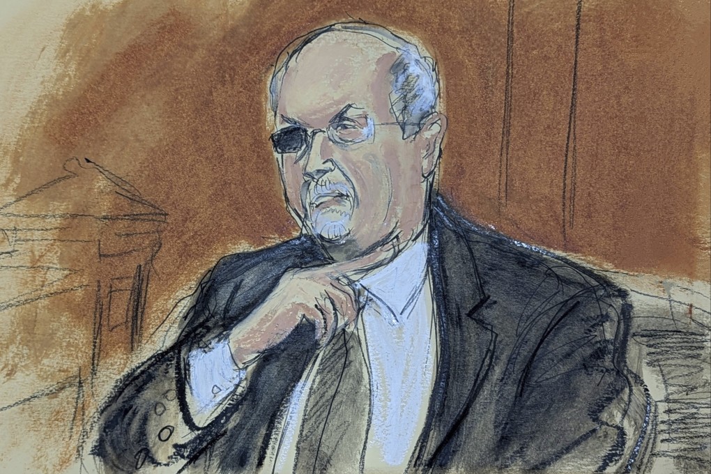 Salman Rushdie testifies, gesturing how the attacker slashed his throat, in Chautauqua County court in Mayville, New York, on Tuesday. Courtroom sketch: Elizabeth Williams via AP