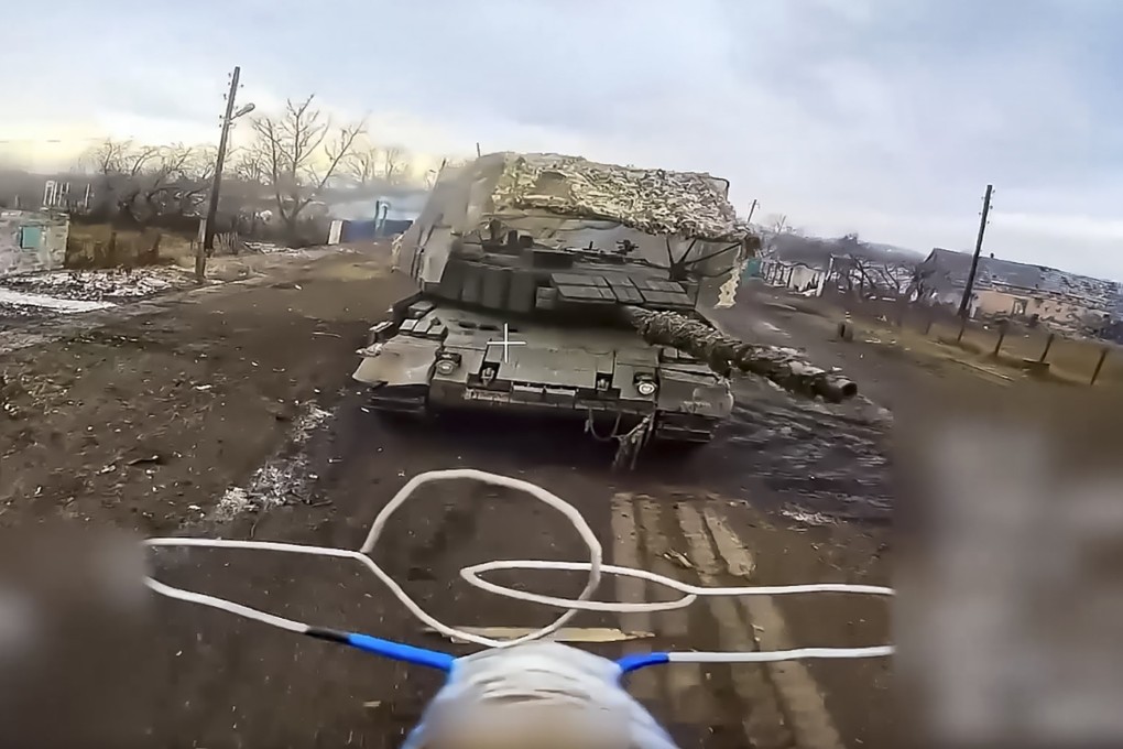 A Russian drone attacks a German-made Leopard tank at an undisclosed location in the Kursk region, in an image released in January. Photo: Russian defence ministry via EPA-EFE