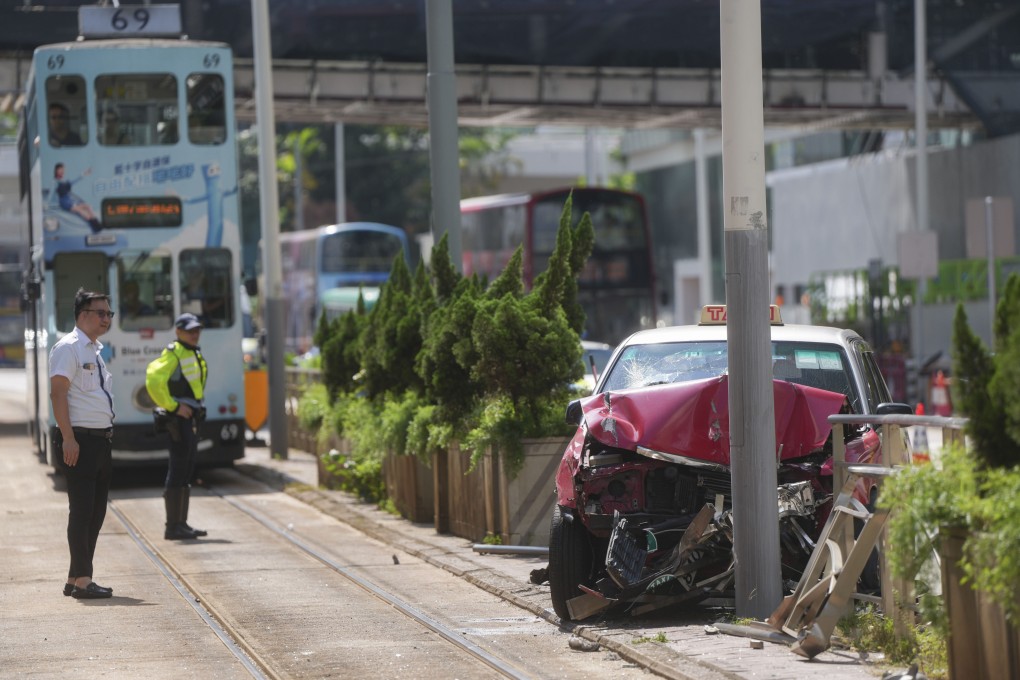 A taxi driver, 77, and his passenger were injured after the vehicle crashed into a lamp post in Hong Kong’s Admiralty on August 8, 2024. Photo: Sam Tsang