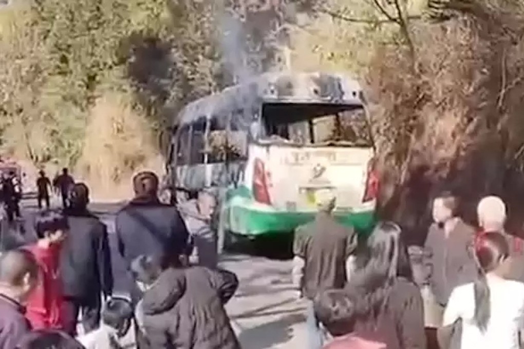 The fire erupted on a bus in Huaiji county in Guangdong province on Wednesday morning. Photo: QQ.com