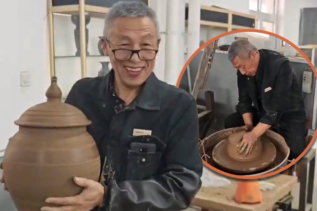 A Chinese potter has crafted an urn made out of his late wife’s ashes, and plans a reunion by blending their remains after he dies. SCMP composite/Douyin