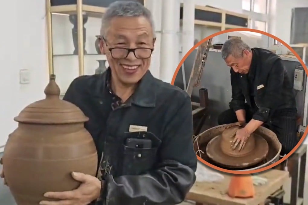 A Chinese potter has crafted an urn made out of his late wife’s ashes, and plans a reunion by blending their remains after he dies. SCMP composite/Douyin