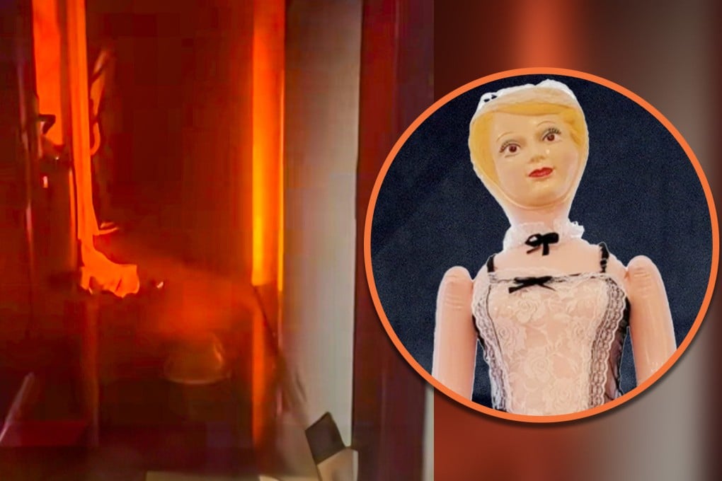 A university student in China who was startled by the early return of his roommate to the dorm, torched his “inflatable girlfriend” in a panic, sparking a fire. Photo: SCMP composite/Douyin/Temu