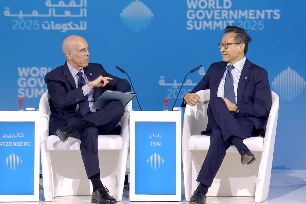 Media entrepreneur Jeffrey Katzenberg (left) talks to Alibaba chairman Joe Tsai about artificial intelligence at the World Governments Summit in Dubai on February 13, 2025. Photo: Alibaba
