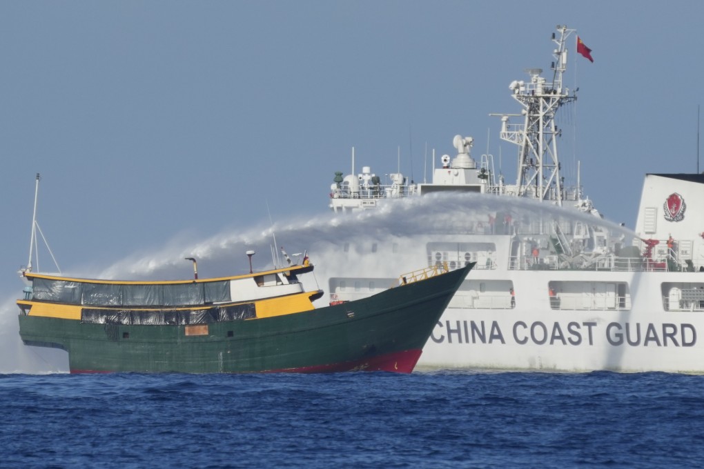 Philippine resupply vessel Unaizah May 4 is hit by Chinese coastguard water cannon blasts as it tries to enter the Second Thomas Shoal, locally known as Ayungin Shoal, in the disputed South China Sea on March 5, 2024. Photo: AP