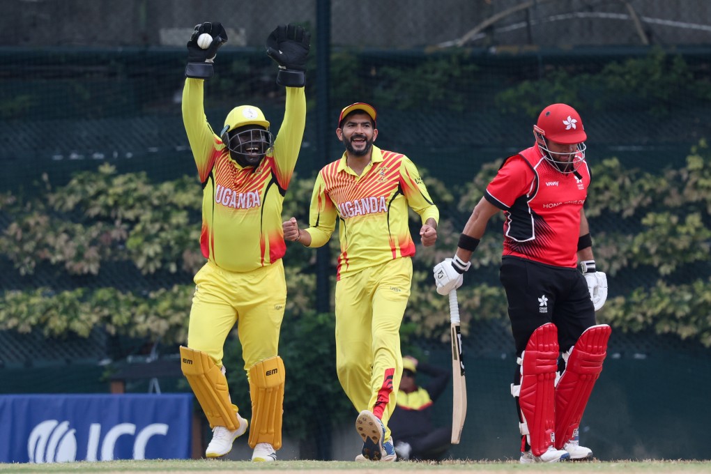 Uganda wicketkeeper Fred Achelam appeals for a decision against Hong Kong captain Yasim Murtaza. Photo: Dickson Lee