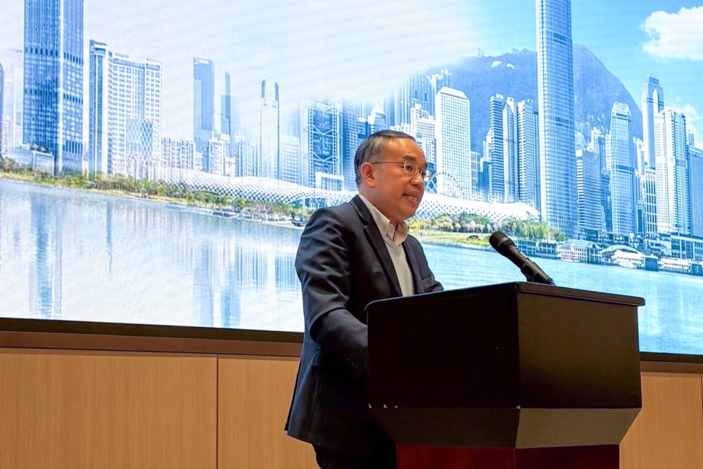 Secretary for Financial Services and the Treasury Christopher Hui addresses the Shenzhen-Hong Kong Financial Cooperation Committee in Shenzhen on February 13, 2025. Photo: Handout