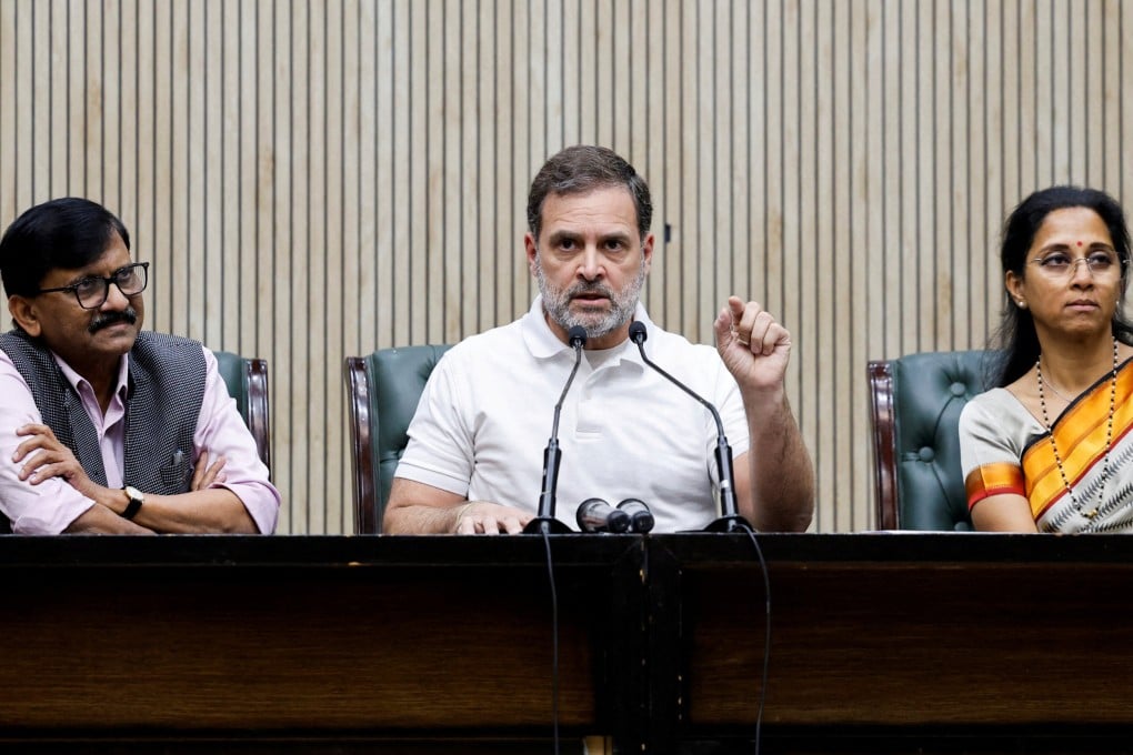 India’s main opposition Congress party leader Rahul Gandhi (centre) speaks to the media at a press conference in New Delhi on February 7. Photo: Reuters