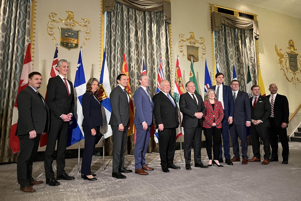 12 of Canada’s 13 premiers pose for a photo in a show of unity at the Mayflower Hotel in Washington, DC on Wednesday, February 12, 2025. Photo: Bochen Han