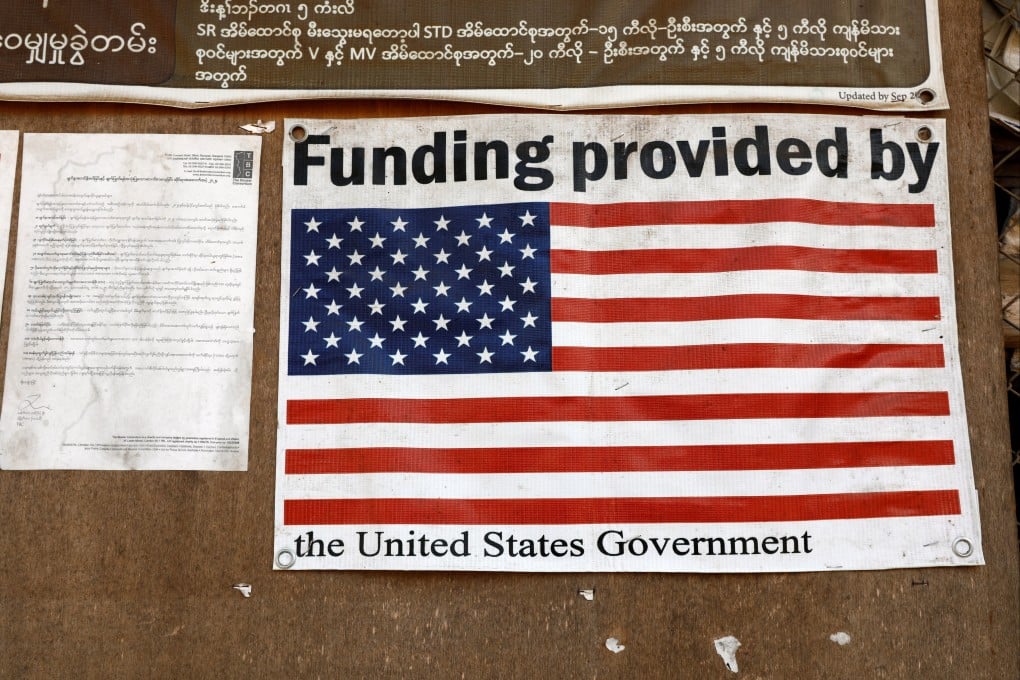 A poster is seen inside a food distribution building at the Umpiem Mai Refugee Camp on the Thai-Myanmar border this month following the freeze on US foreign aid. Photo: Reuters