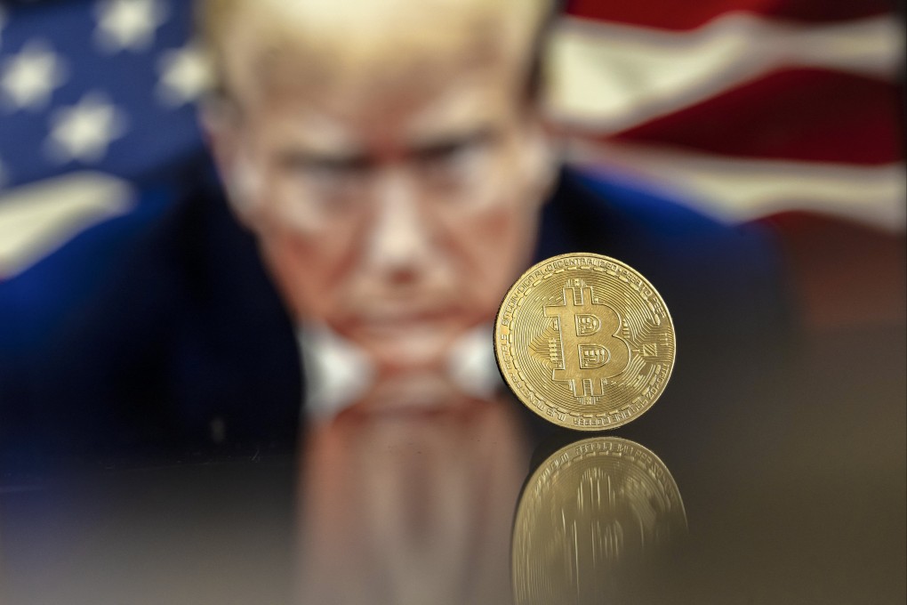 An illustration shows a bitcoin mock-up in front of an image of Donald Trump, on November 22, 2024. Photo:  EPA-EFE