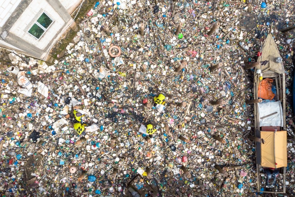 An aerial view of the trash that accumulates in Tanjung Uma, Indonesia. Photo: Seven Clean Seas