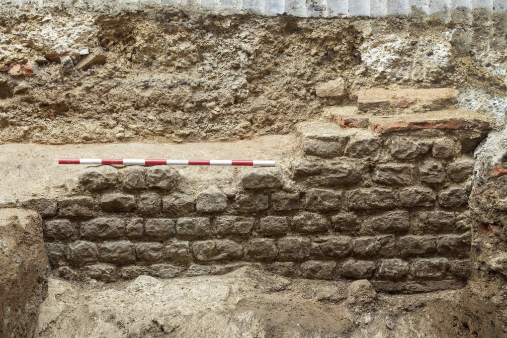 Part of the wall of the Roman basilica which was recently unearthed. Photo: MOLA via AP