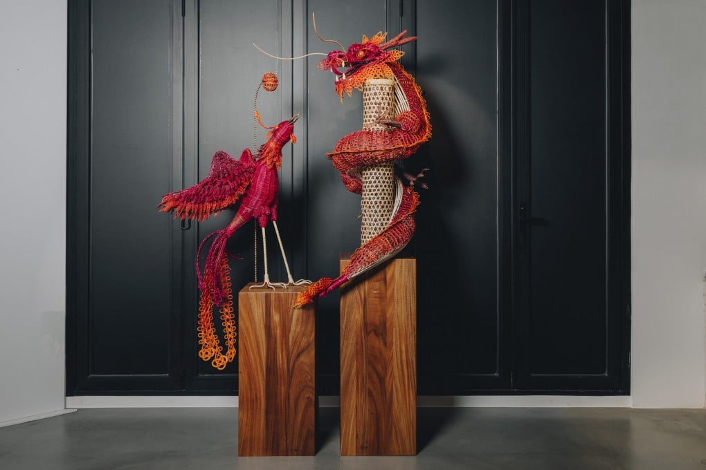 The Auspicious Horizons installation, a pair of rattan and wood sculptures in the form of a dragon and phoenix by artists Cecilia Lai and Barnard Chan. Photo: Jocelyn Tam