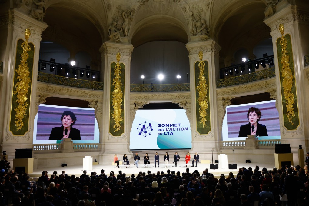 The French president’s special envoy Anne Bouverot (fourth from left) speaks during a plenary session of the Artificial Intelligence (AI) Action Summit at the Grand Palais in Paris, France, on Tuesday. Photo: EPA-EFE