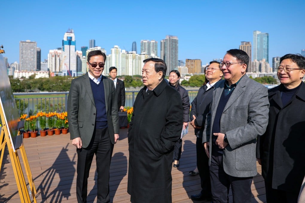 Xia Baolong, front row second left, director of the Hong Kong and Macau Affairs Office, visits the Hong Kong Park in the Hetao Shenzhen-Hong Kong Science and Technology Innovation Cooperation Zone on February 9. Photo: Handout