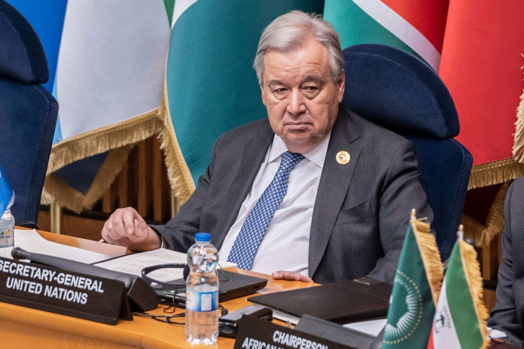 Secretary General of the United Nations Antonio Guterres at the African Union (AU) Peace and Security Council meeting on Friday. Photo: AFP