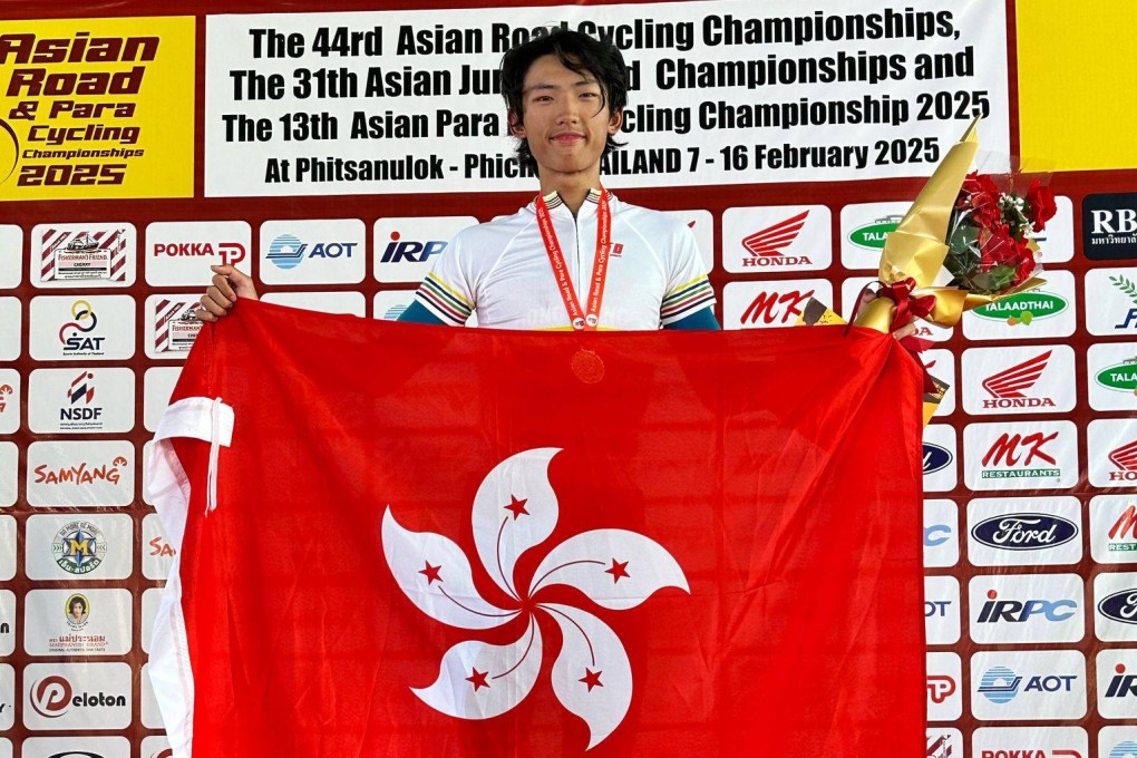 Daniel Yip celebrates his Asian Road Cycling Championships success. Photo: CAHK