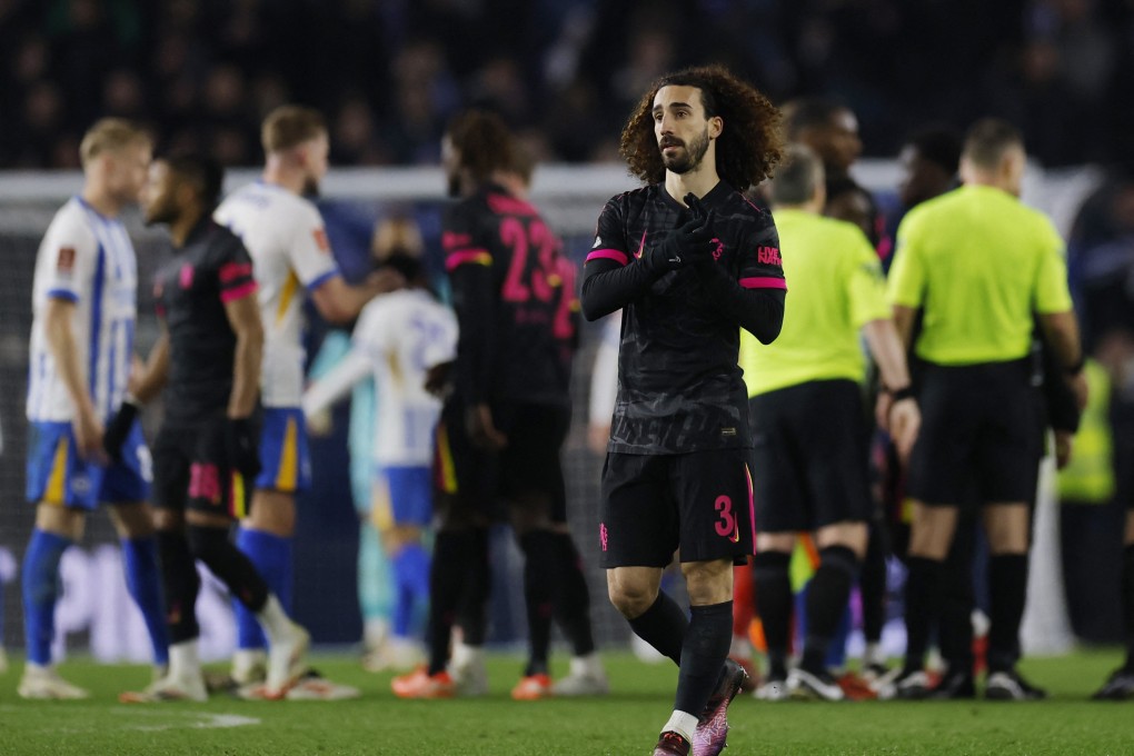 Ex-Brighton full back Marc Cucurella (front) shows his disappointment as Chelsea are heavily beaten. Photo: Reuters