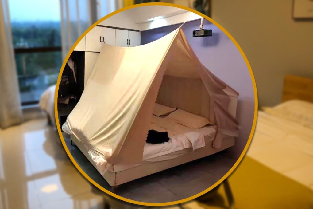 A woman in China, concerned about hidden cameras in her hotel room, fashioned a makeshift tent to protect her bed. Photo: SCMP composite/Shutterstock/Douyin