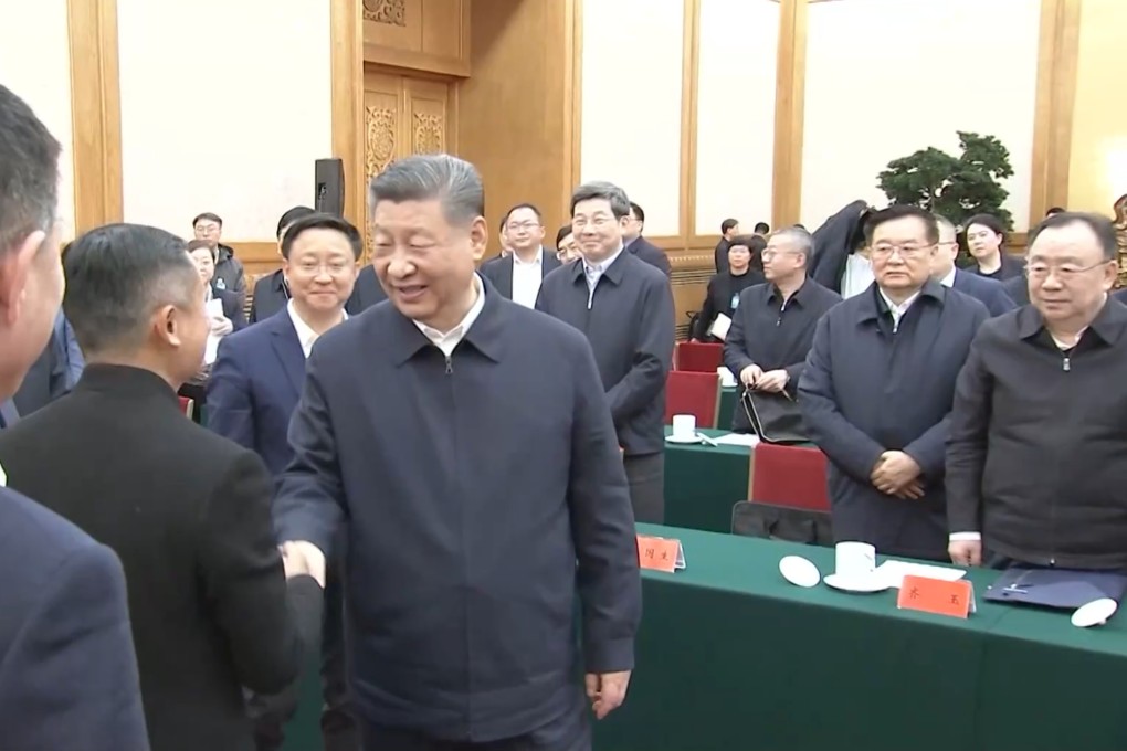 President Xi Jinping brought together leading figures in China’s business community, including Alibaba Group founder Jack Ma, for a high-level meeting. Photo: CCTV