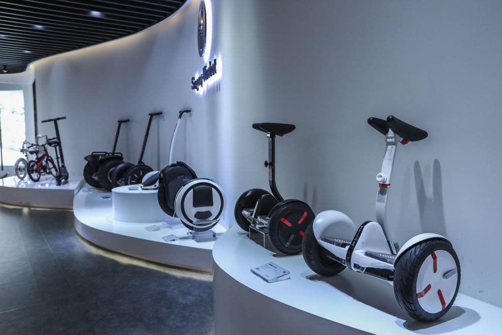 Segway-Ninebot’s two-wheeled electric scooters on display at the Consumer Electronics Exchange/Exhibition Centre (CEEC) in Shenzhen on September 4, 2018. Photo: Roy Issa
