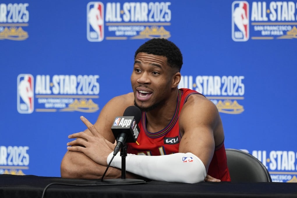 Giannis Antetokounmpo speaks during a press conference before the NBA All-Star event. Photo: AP
