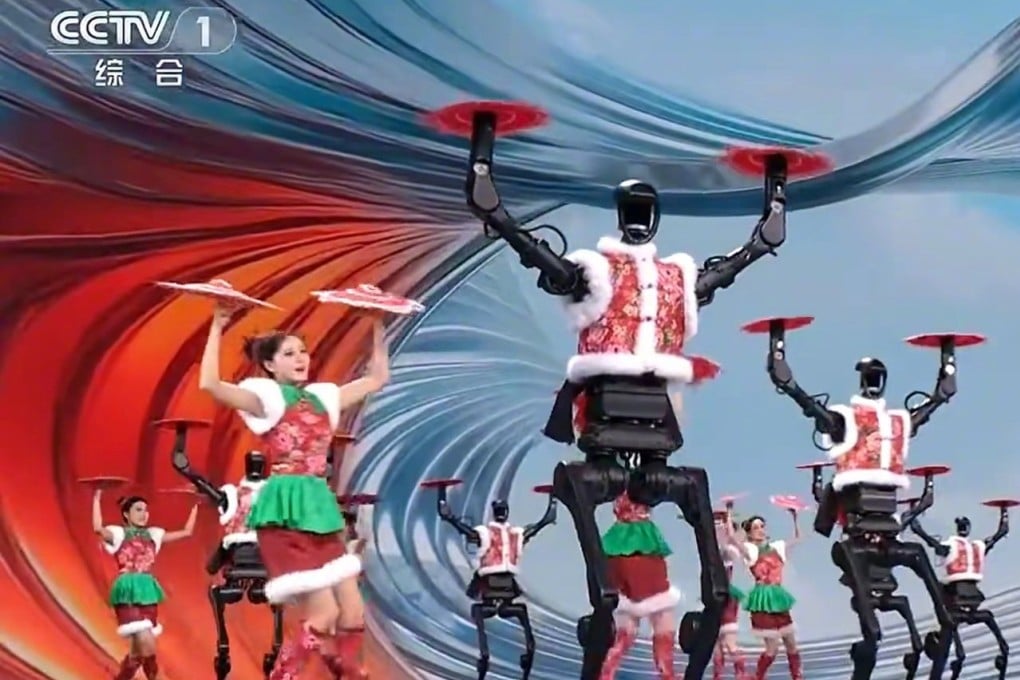 Humanoid robots developed by Chinese start-up Unitree perform a dance during state broadcaster CCTV’s Spring Festival Gala. Photo: CCTV